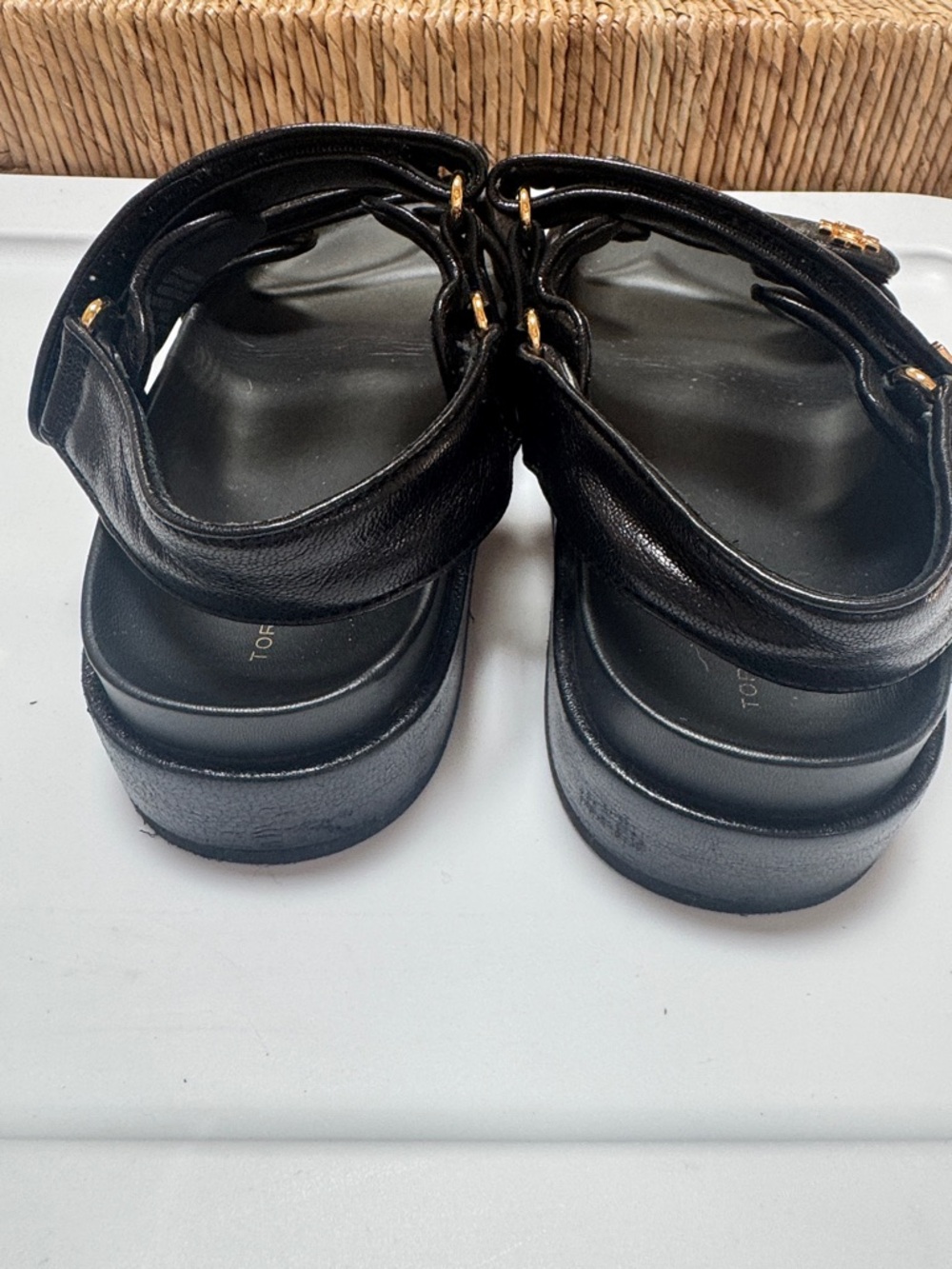 Tory Burch Kira Black Leather Platform Sport Sandals with Gold Logo Size 8 - Picture 6 of 11